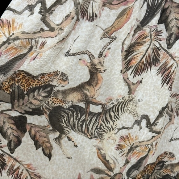 ALLSAINTS Mali Ukushisa Midi Dress Smocked Ruffle Safari Animal Print Size 10 - Picture 6 of 11